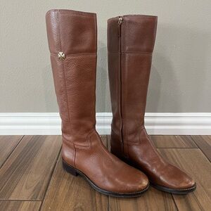 Tory Burch Jolie Tall Riding Boots Pebbled Grain Leather Luggage Brown 7.5